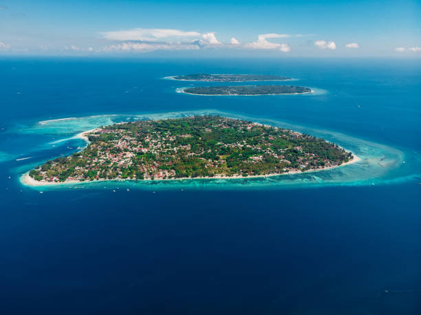 Luftaufnahme der Inseln Gili Air, Meno und Trawangan